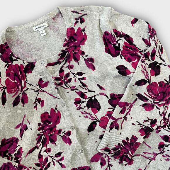 CROFT BARROW COTTON FLORAL CARDIGAN SWEATER 2X GRAY PINK PURPLE BOHO LIGHTWEIGHT - Picture 3 of 9